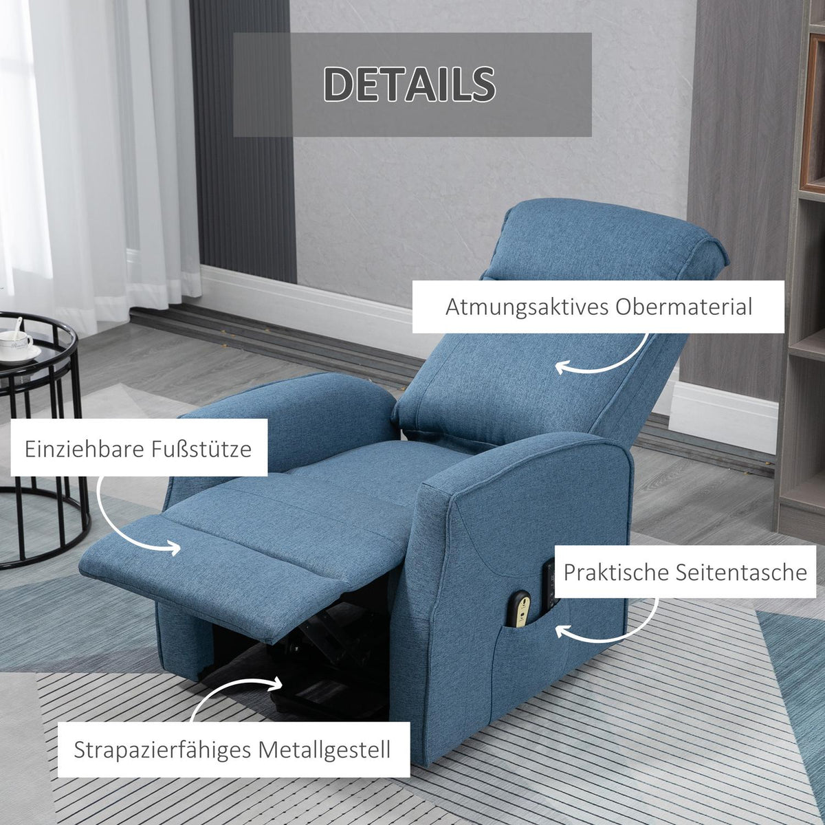 Armchair With Stand-Up Aid, Massage Chair With Remote Control, Relaxation Chair With Footrest, Tv Chair With Side Pocket