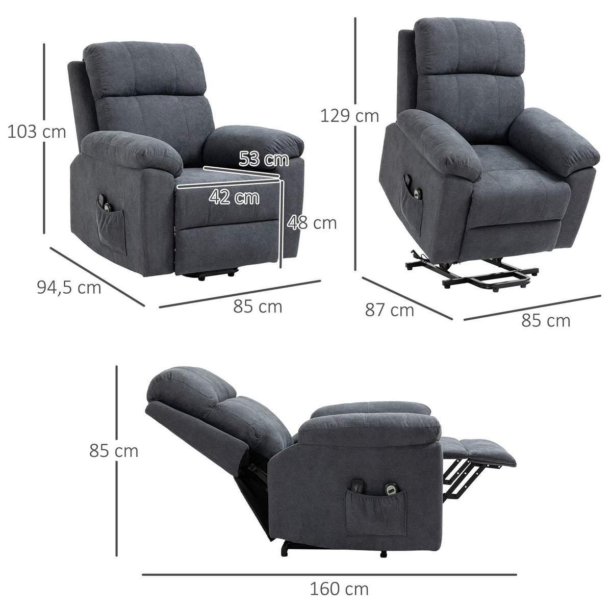 Armchair With Stand-Up Aid, Relaxation Chair With Reclining Function, Massage Chair With Side Pocket, Tv Chair With Remote Control, Gray