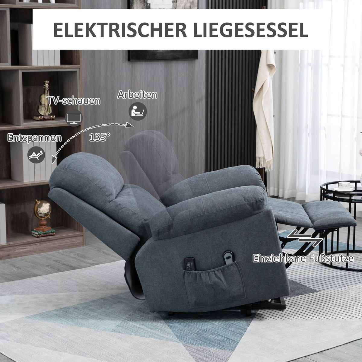 Armchair With Stand-Up Aid, Relaxation Chair With Reclining Function, Massage Chair With Side Pocket, Tv Chair With Remote Control, Gray