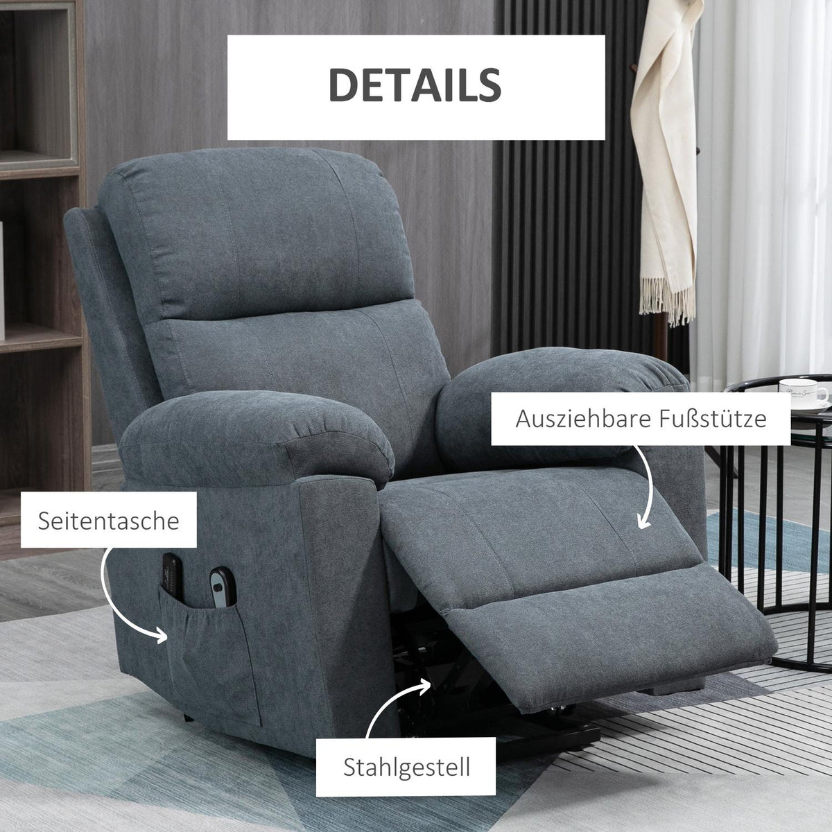 Armchair With Stand-Up Aid, Relaxation Chair With Reclining Function, Massage Chair With Side Pocket, Tv Chair With Remote Control, Gray