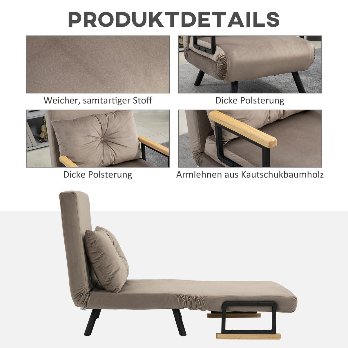 Armchair bed with bed function, 63 x 73 x 81 cm, with five-way adjustable backrest, space-saving, robust, velvet look, light brown