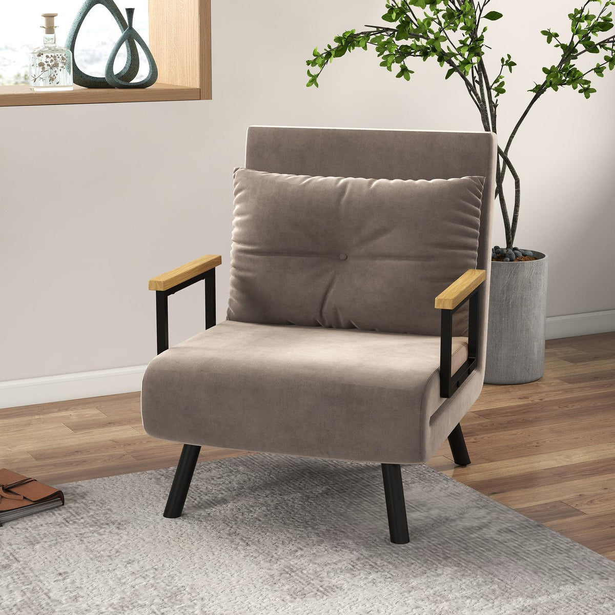 Armchair bed with bed function, 63 x 73 x 81 cm, with five-way adjustable backrest, space-saving, robust, velvet look, light brown