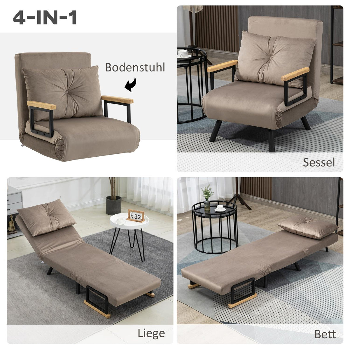 Armchair bed with bed function, 63 x 73 x 81 cm, with five-way adjustable backrest, space-saving, robust, velvet look, light brown