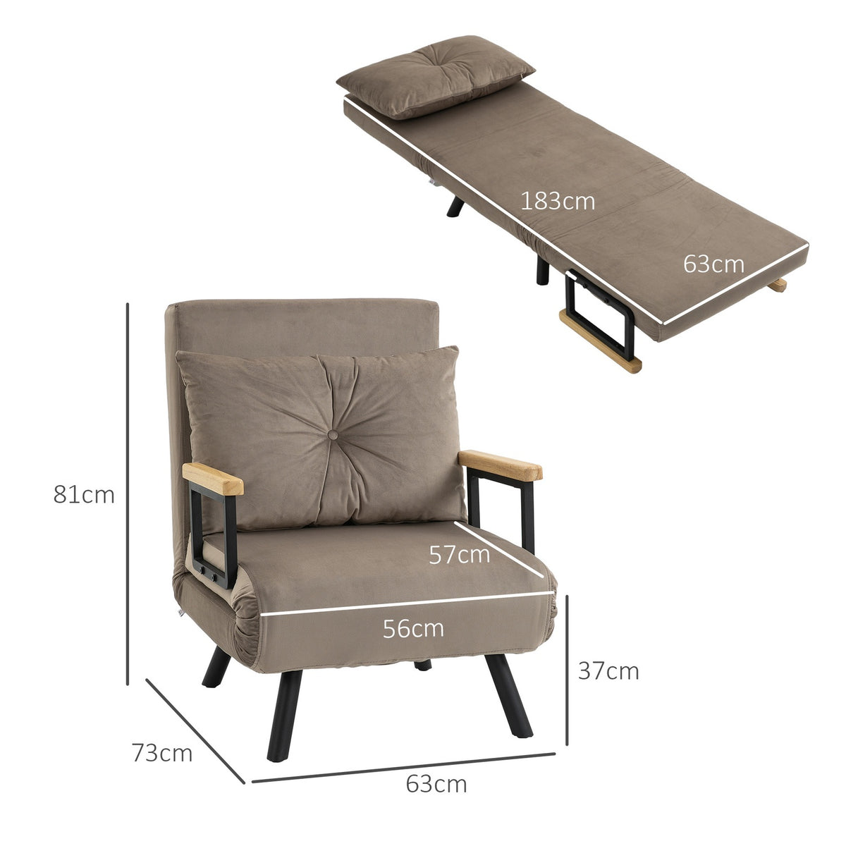 Armchair bed with bed function, 63 x 73 x 81 cm, with five-way adjustable backrest, space-saving, robust, velvet look, light brown