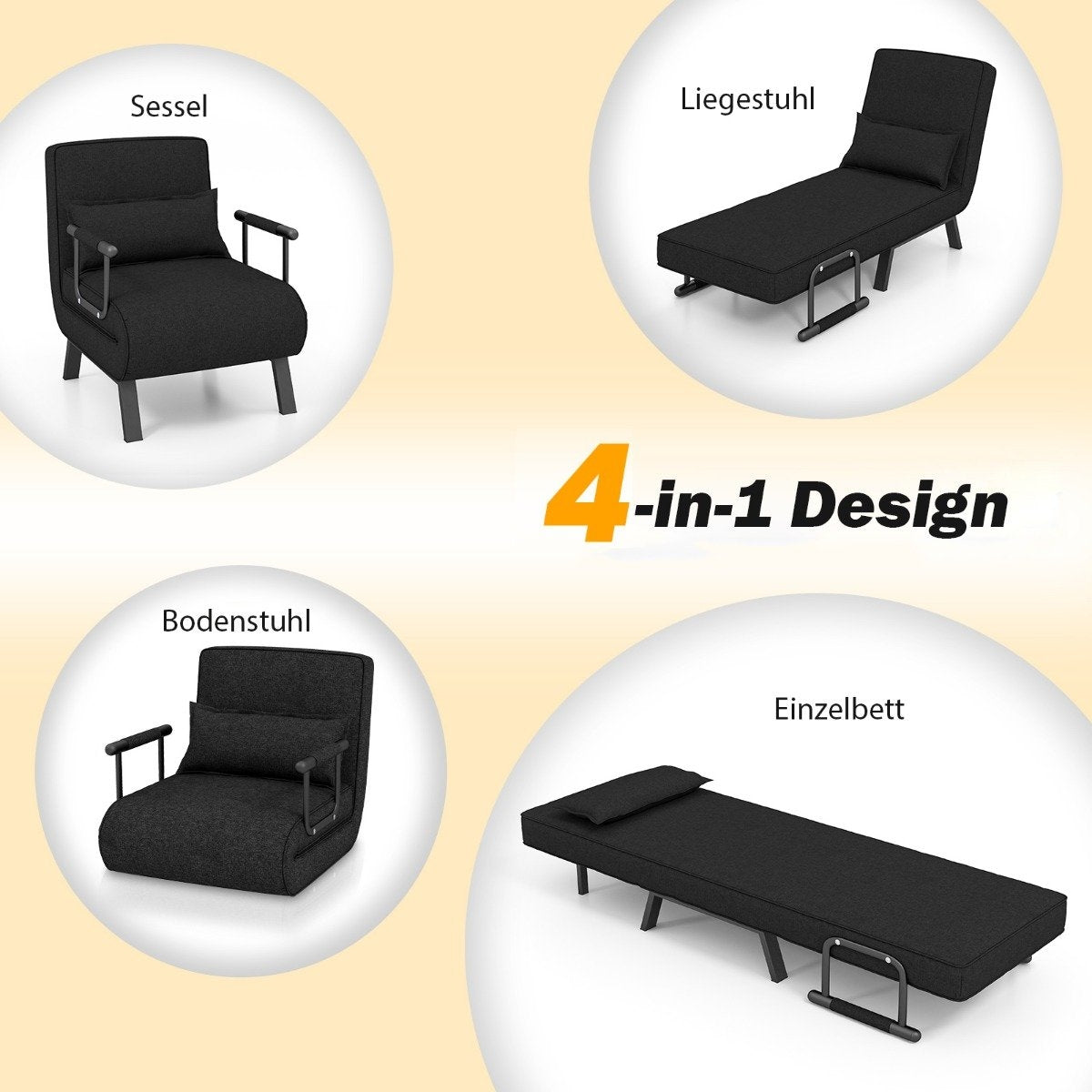 Armchair bed with bed function, folding sofa, sofa bed with adjustable backrest and removable cushion, black