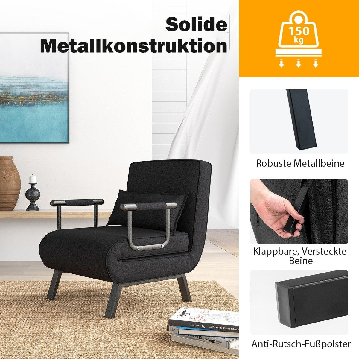 Armchair bed with bed function, folding sofa, sofa bed with adjustable backrest and removable cushion, black