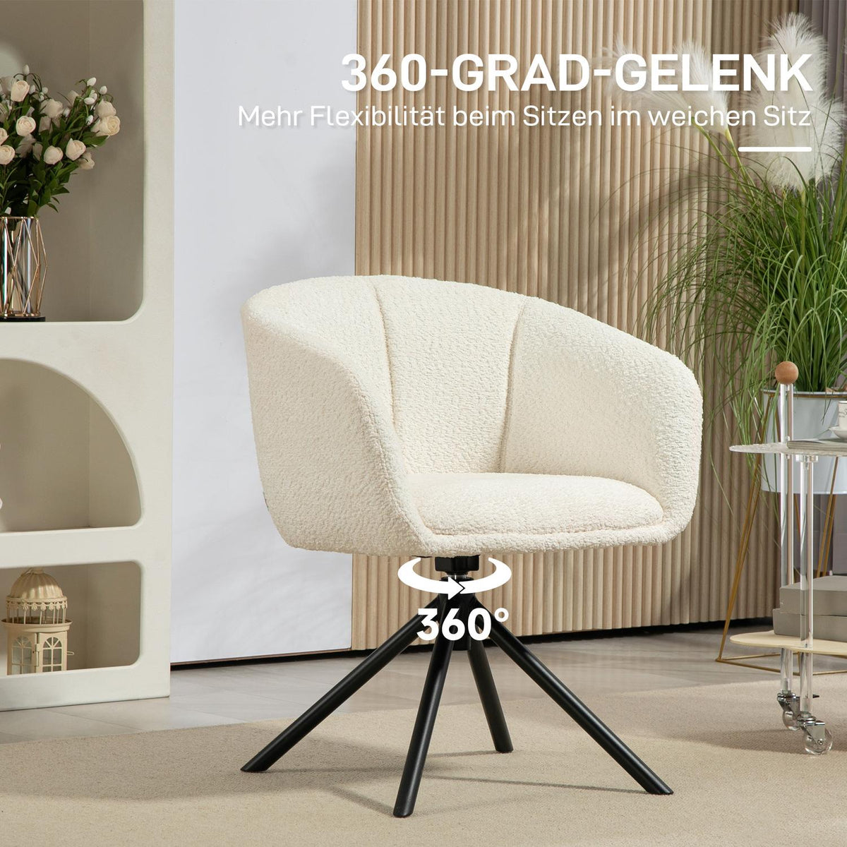 Armchair lounge chair with armrest, 360° swivel function, linen look, swivel chair with metal legs, for living room, bedroom, cream white