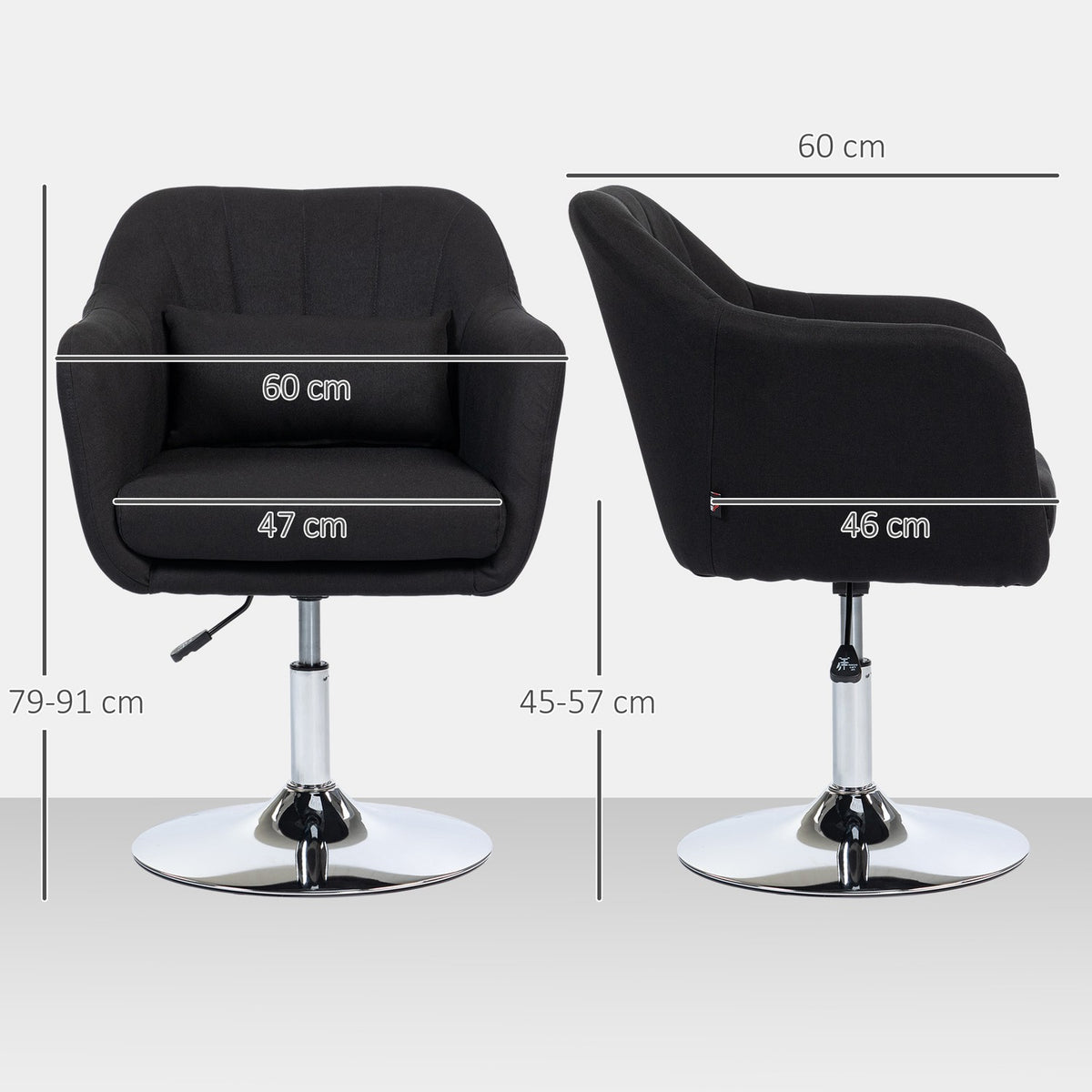 Armchair lounge chair with armrest, lumbar cushion, padded relaxation chair with metal frame, linen look, height adjustable swivel chair for bedroom, living room, black
