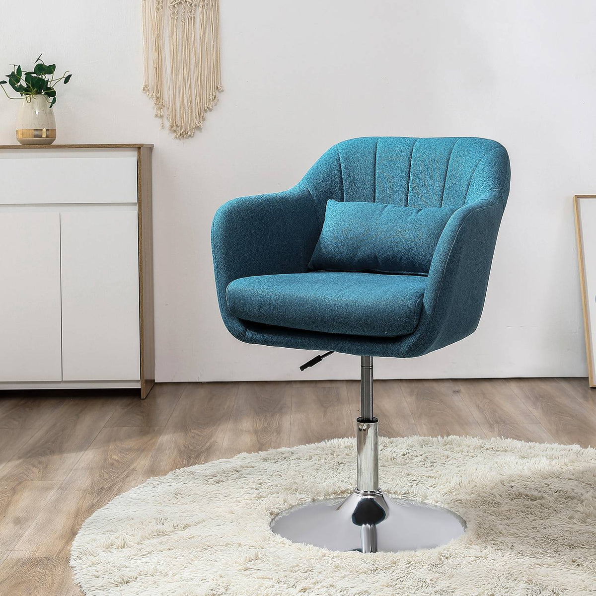 Armchair lounge chair with armrest, lumbar cushion, padded relaxation chair with metal frame, linen look, height adjustable swivel chair for bedroom, living room, light blue |