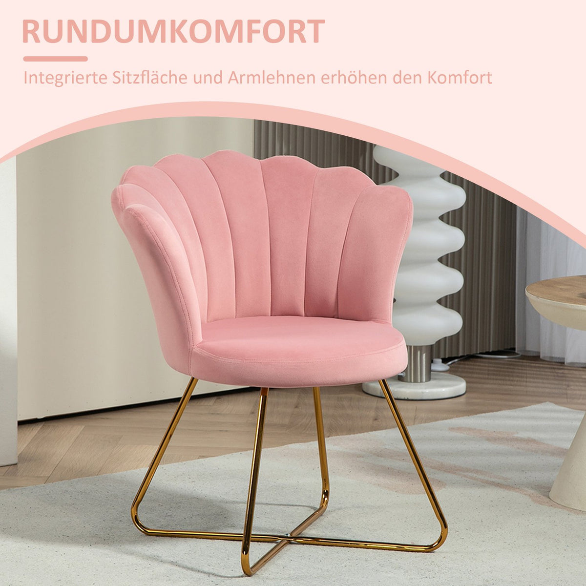 Armchair lounge chair with armrests, metal legs, relaxation chair with backrest in lotus design, velvet look, upholstered chair for living room, bedroom pink |