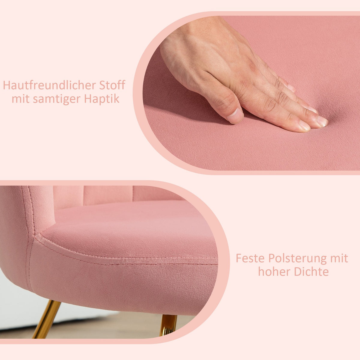 Armchair lounge chair with armrests, metal legs, relaxation chair with backrest in lotus design, velvet look, upholstered chair for living room, bedroom pink |