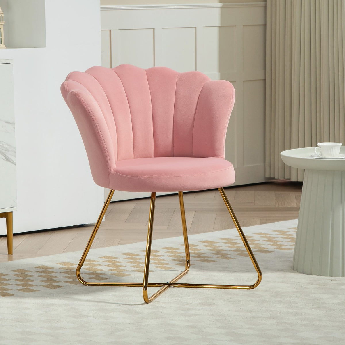 Armchair lounge chair with armrests, metal legs, relaxation chair with backrest in lotus design, velvet look, upholstered chair for living room, bedroom pink |