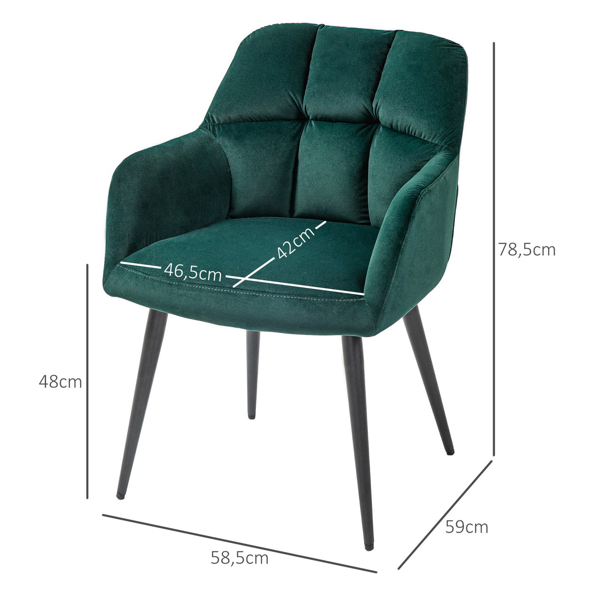 Armchair lounge chair with armrests, velvet look, padded relaxation chair with steel legs, for living room, bedroom, dark green