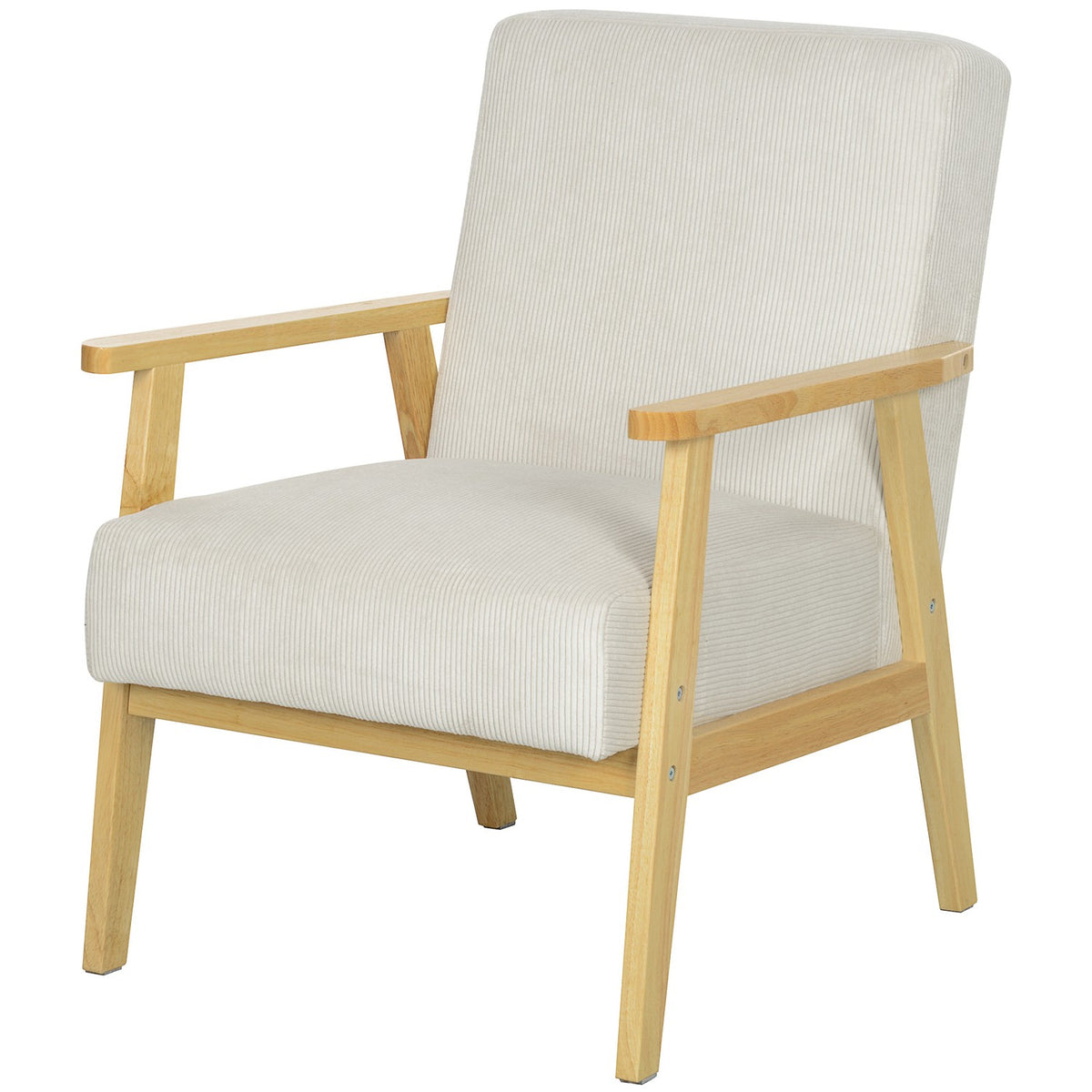 Armchair lounge chair with armrests, wooden legs, upholstered accent chair with corduroy look, relaxation chair for living room, bedroom, cream white