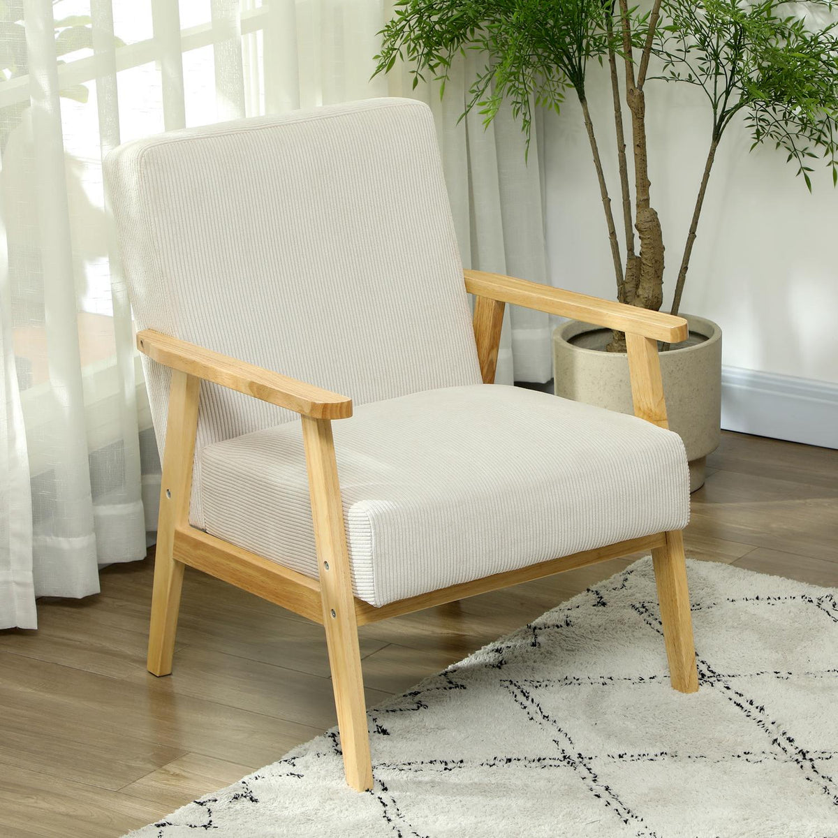 Armchair lounge chair with armrests, wooden legs, upholstered accent chair with corduroy look, relaxation chair for living room, bedroom, cream white
