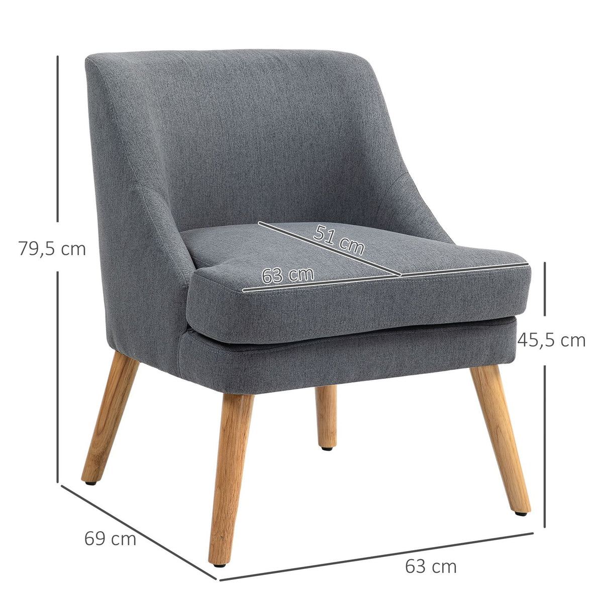 Armchair lounge chair with linen look, armrest, padded relaxation chair with wooden legs, for living room, bedroom, dark gray