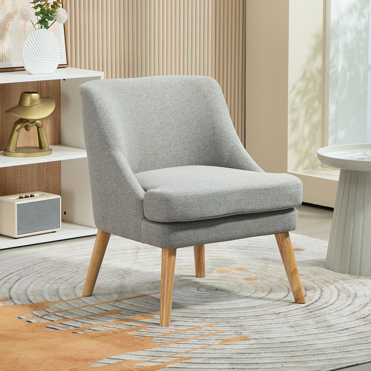 Armchair lounge chair with linen look, armrest, padded relaxation chair with wooden legs, for living room, bedroom, light gray