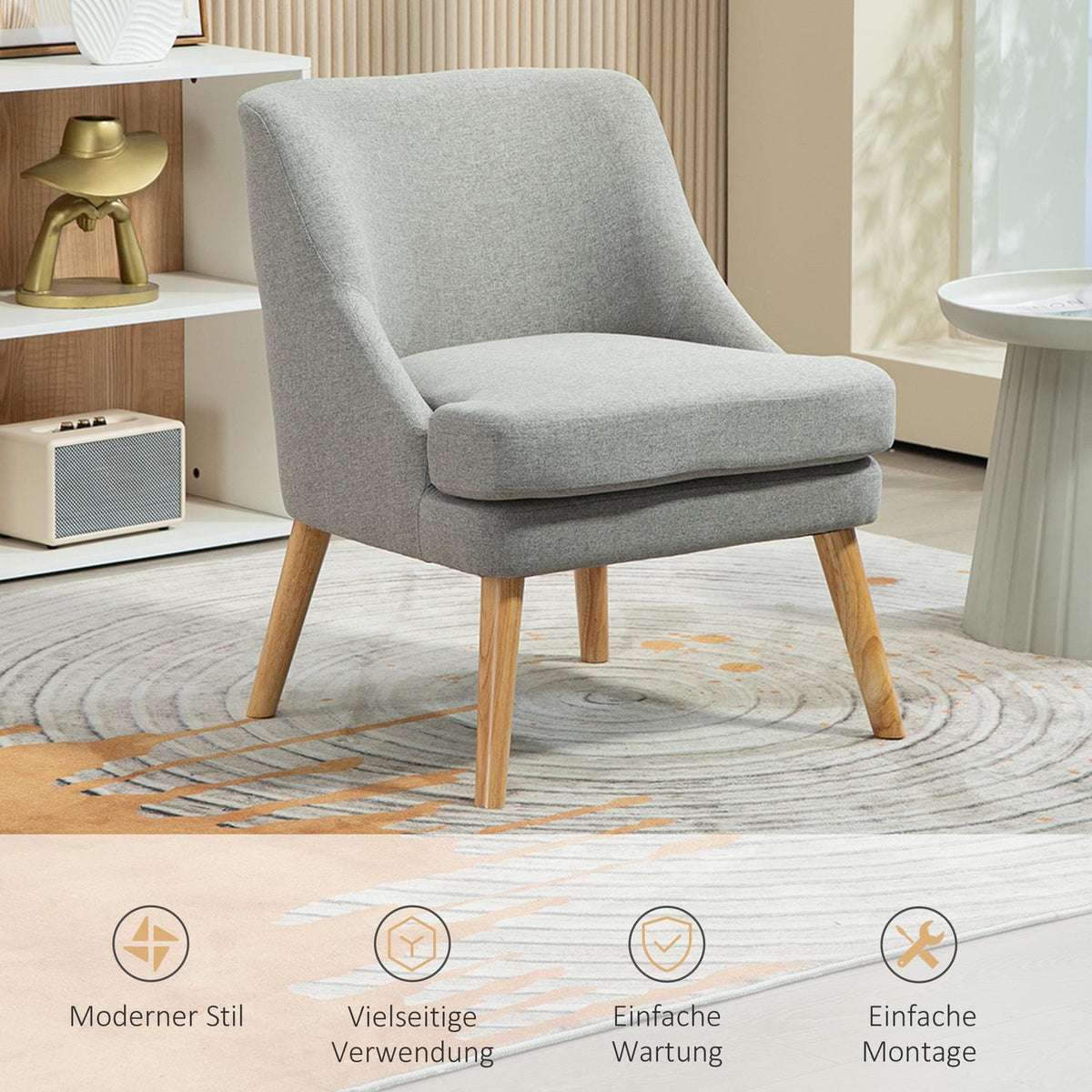 Armchair lounge chair with linen look, armrest, padded relaxation chair with wooden legs, for living room, bedroom, light gray
