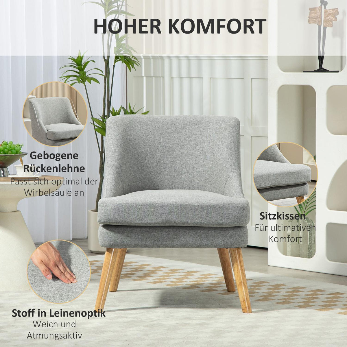 Armchair lounge chair with linen look, armrest, padded relaxation chair with wooden legs, for living room, bedroom, light gray