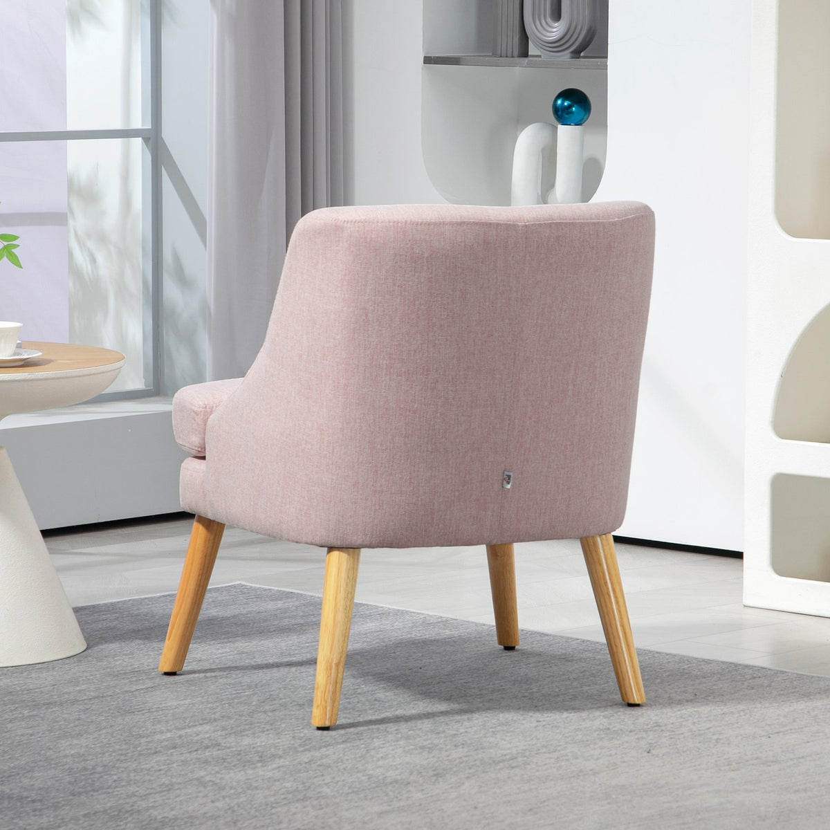 Armchair lounge chair with linen look, armrest, padded relaxation chair with wooden legs, for living room, bedroom, pink