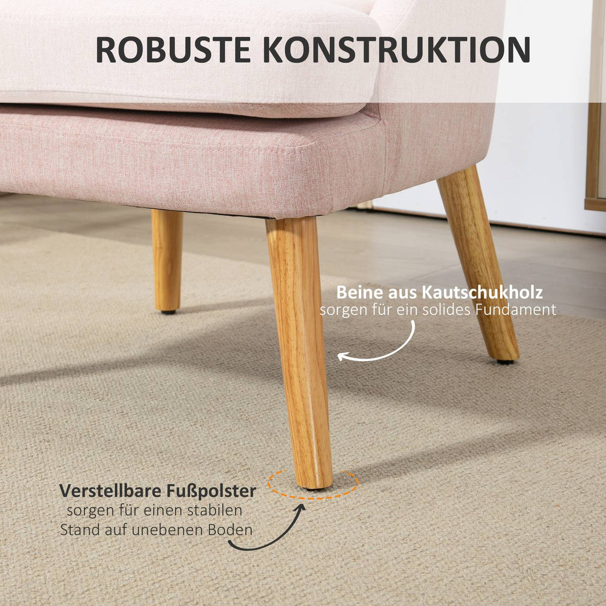 Armchair lounge chair with linen look, armrest, padded relaxation chair with wooden legs, for living room, bedroom, pink