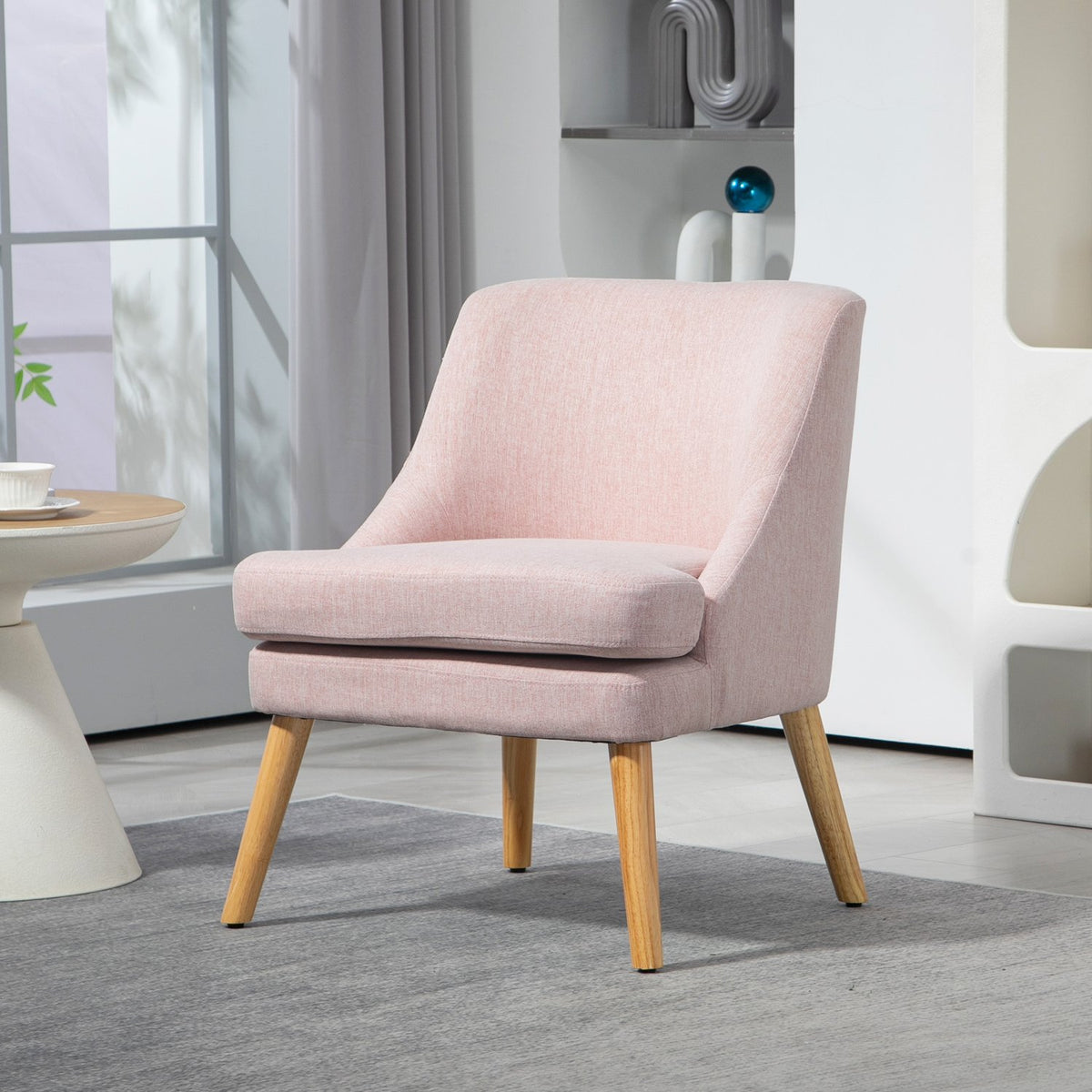 Armchair lounge chair with linen look, armrest, padded relaxation chair with wooden legs, for living room, bedroom, pink