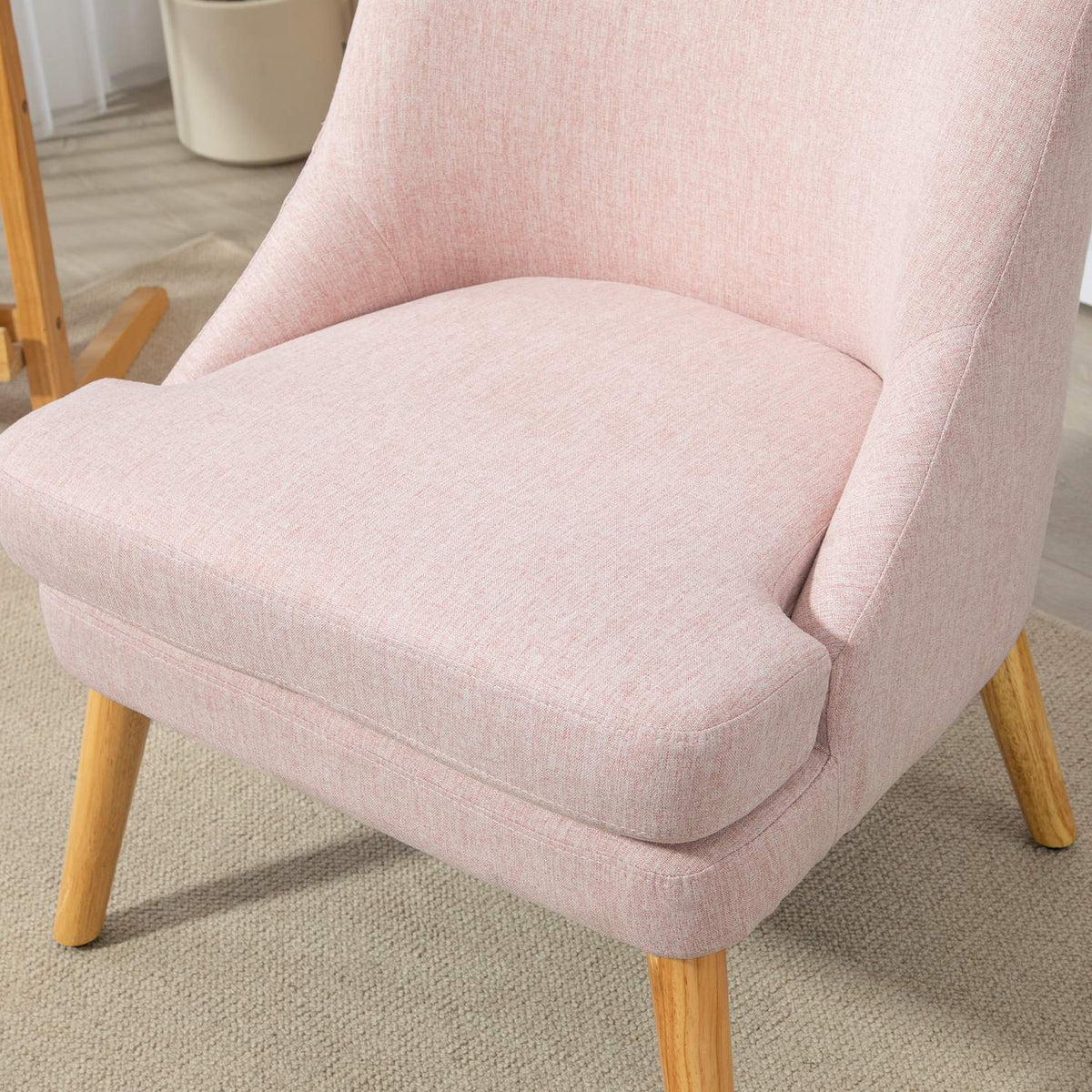 Armchair lounge chair with linen look, armrest, padded relaxation chair with wooden legs, for living room, bedroom, pink