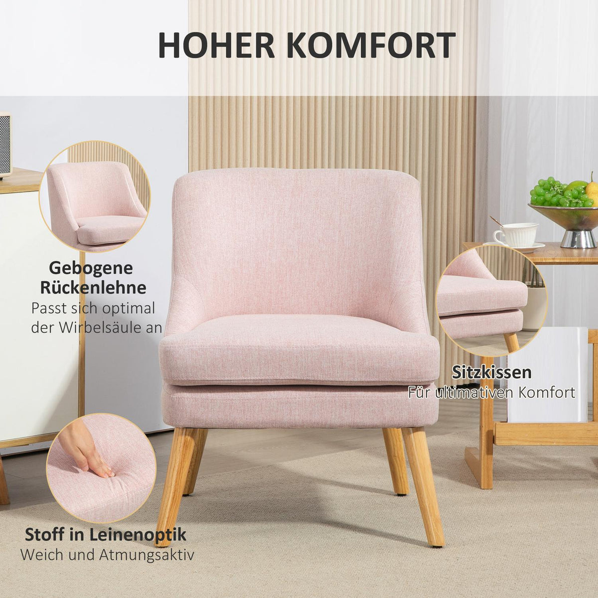 Armchair lounge chair with linen look, armrest, padded relaxation chair with wooden legs, for living room, bedroom, pink
