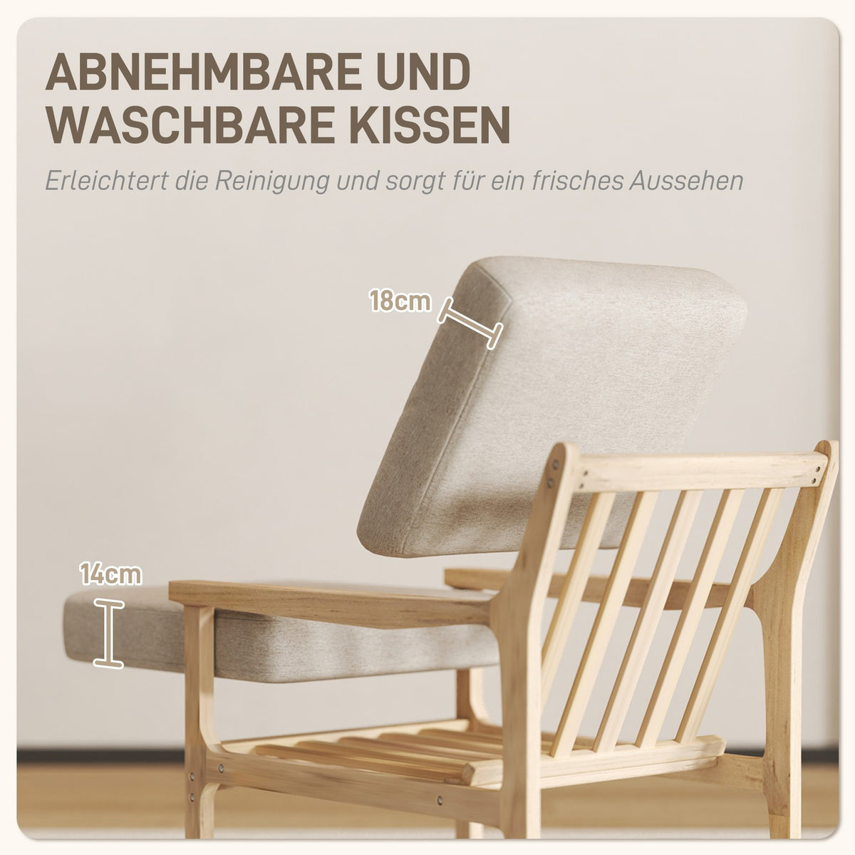 Armchair lounge chair with linen look, armrest, padded relaxation chair with wooden legs, removable cushions, upholstered chair for bedroom, living room, beige