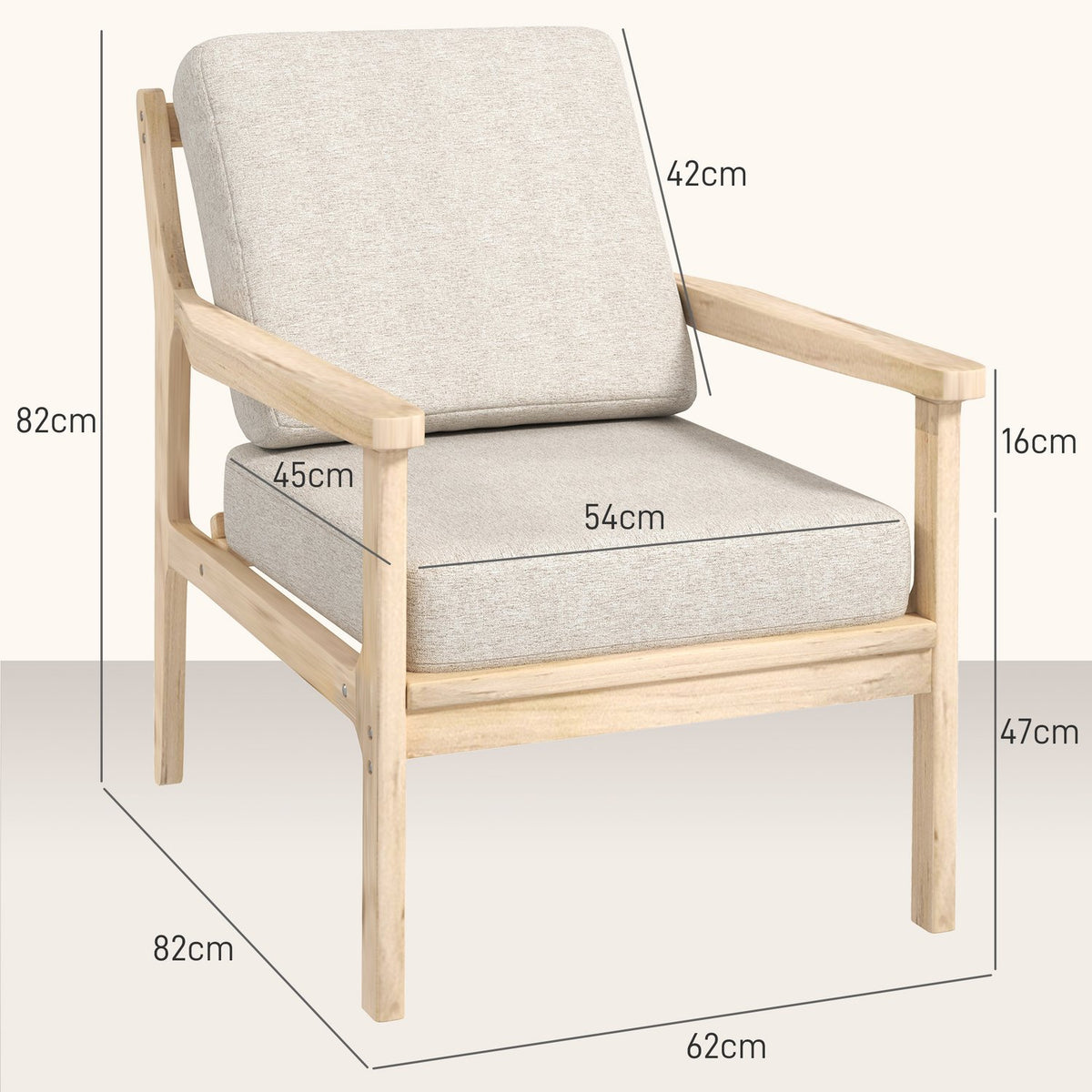Armchair lounge chair with linen look, armrest, padded relaxation chair with wooden legs, removable cushions, upholstered chair for bedroom, living room, beige