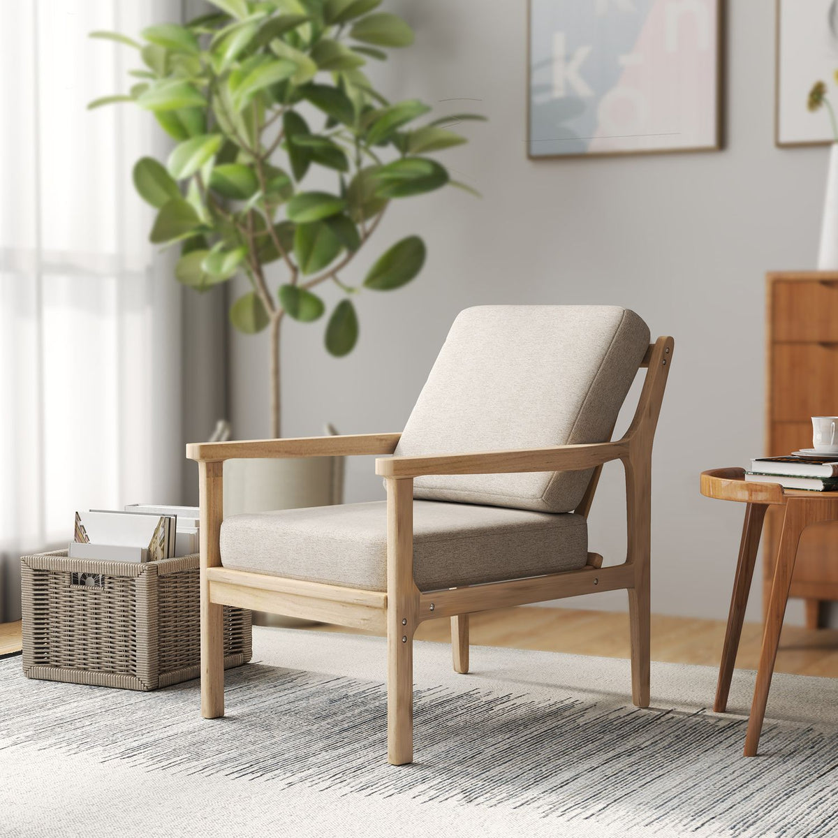 Armchair lounge chair with linen look, armrest, padded relaxation chair with wooden legs, removable cushions, upholstered chair for bedroom, living room, beige