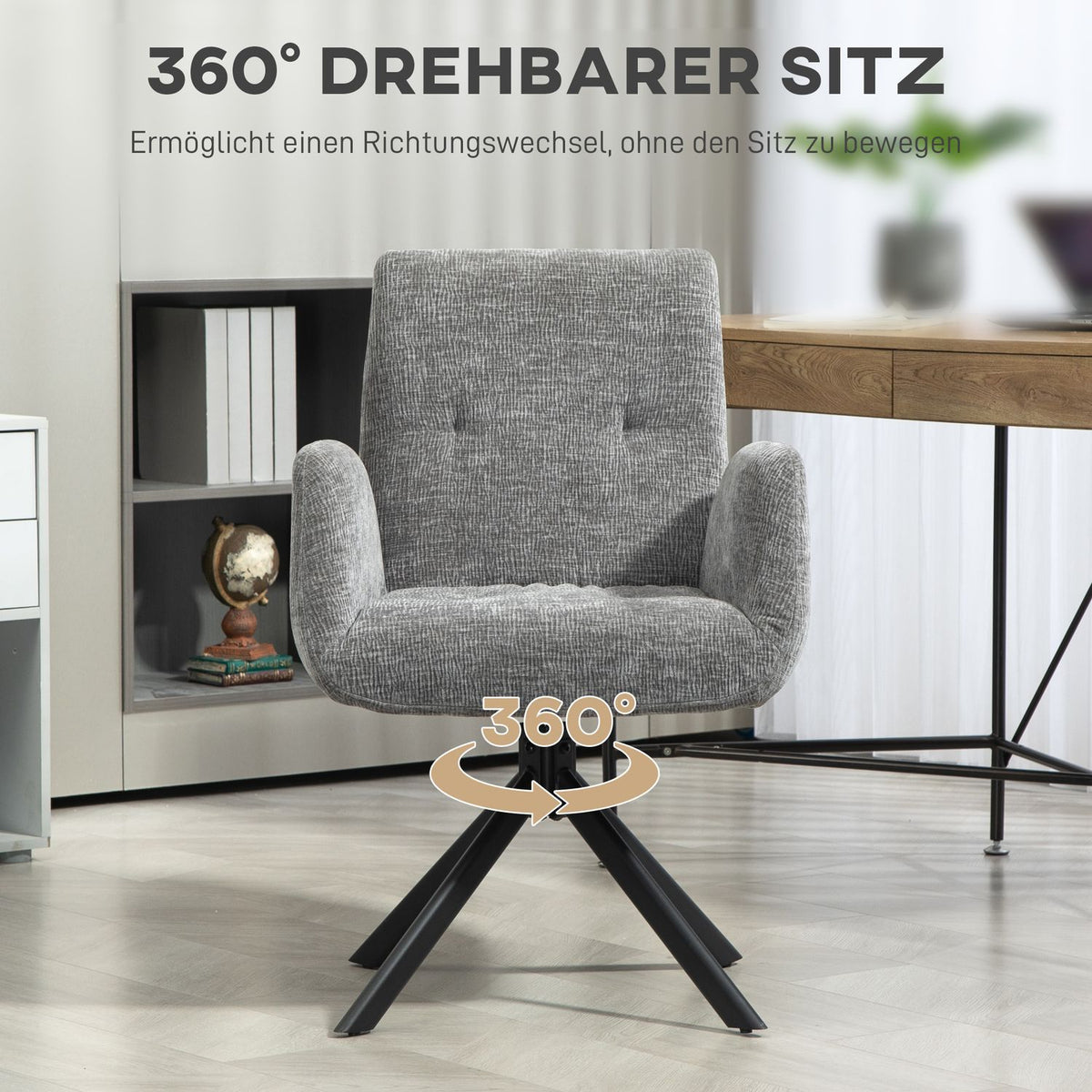 Armchair swivel lounge chair with armrest, wool-linen look, modern upholstered chair with button stitching, steel legs, for living room, bedroom, dark gray