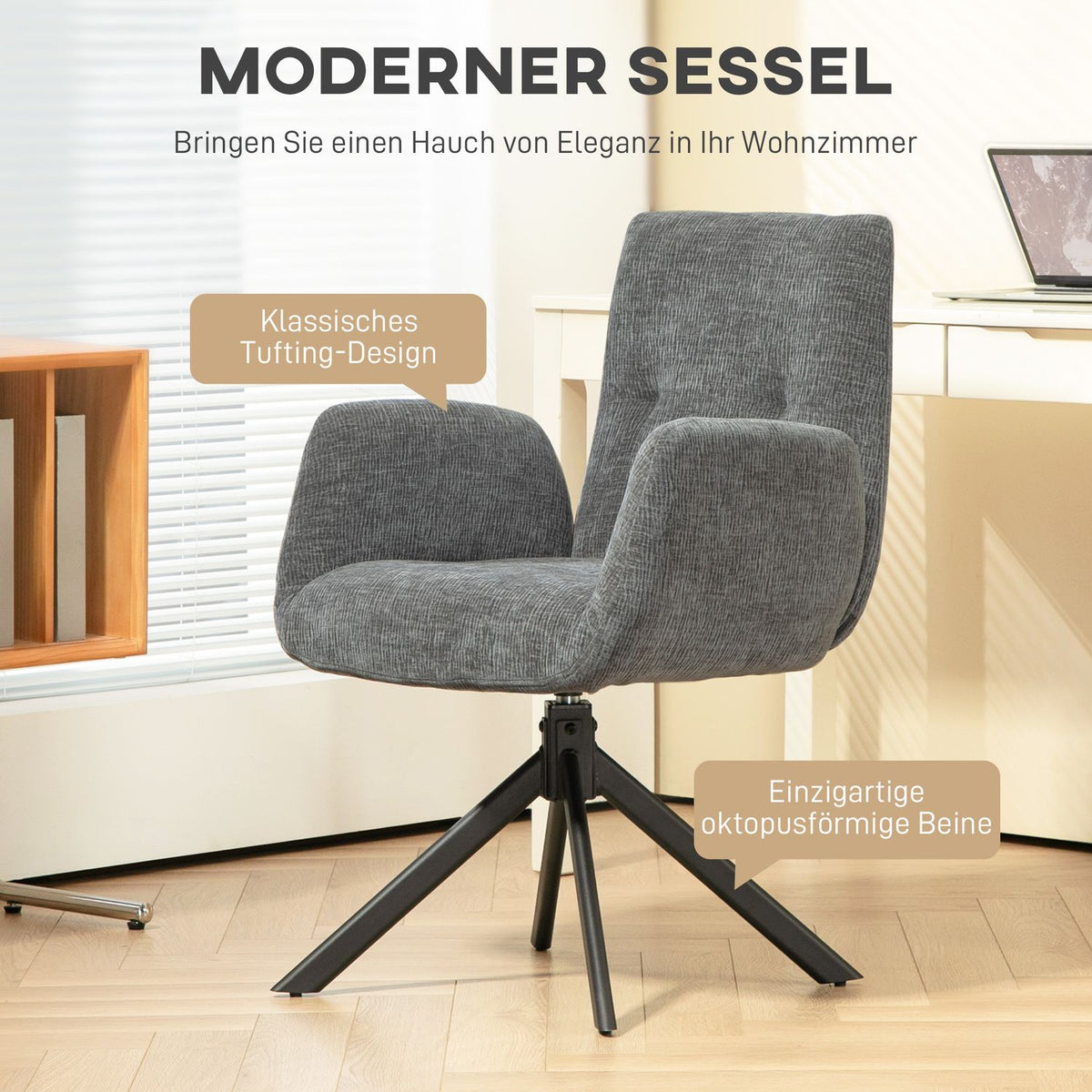 Armchair swivel lounge chair with armrest, wool-linen look, modern upholstered chair with button stitching, steel legs, for living room, bedroom, dark gray