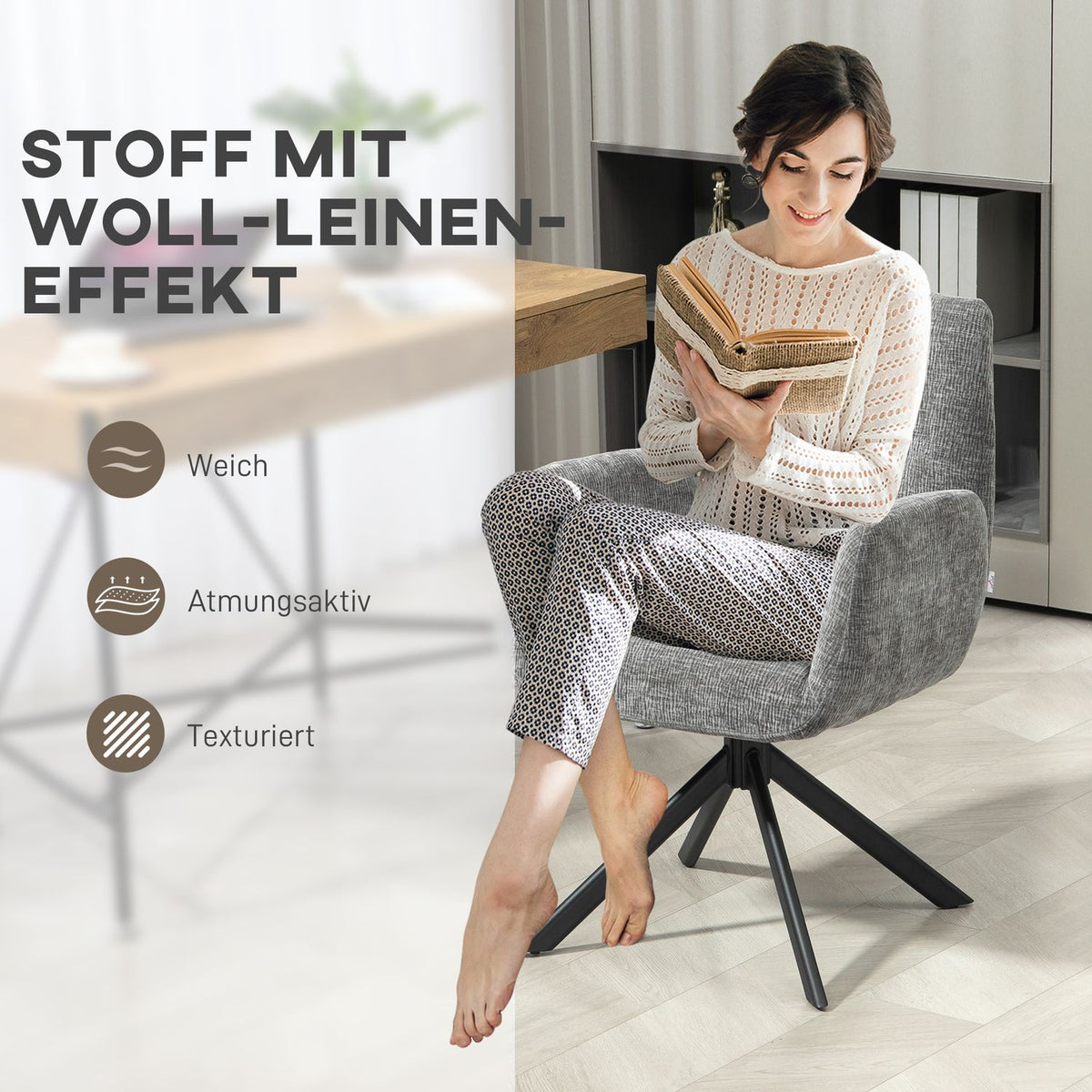 Armchair swivel lounge chair with armrest, wool-linen look, modern upholstered chair with button stitching, steel legs, for living room, bedroom, dark gray