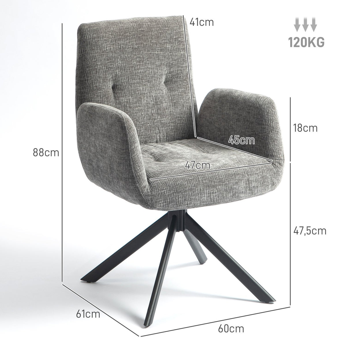 Armchair swivel lounge chair with armrest, wool-linen look, modern upholstered chair with button stitching, steel legs, for living room, bedroom, dark gray