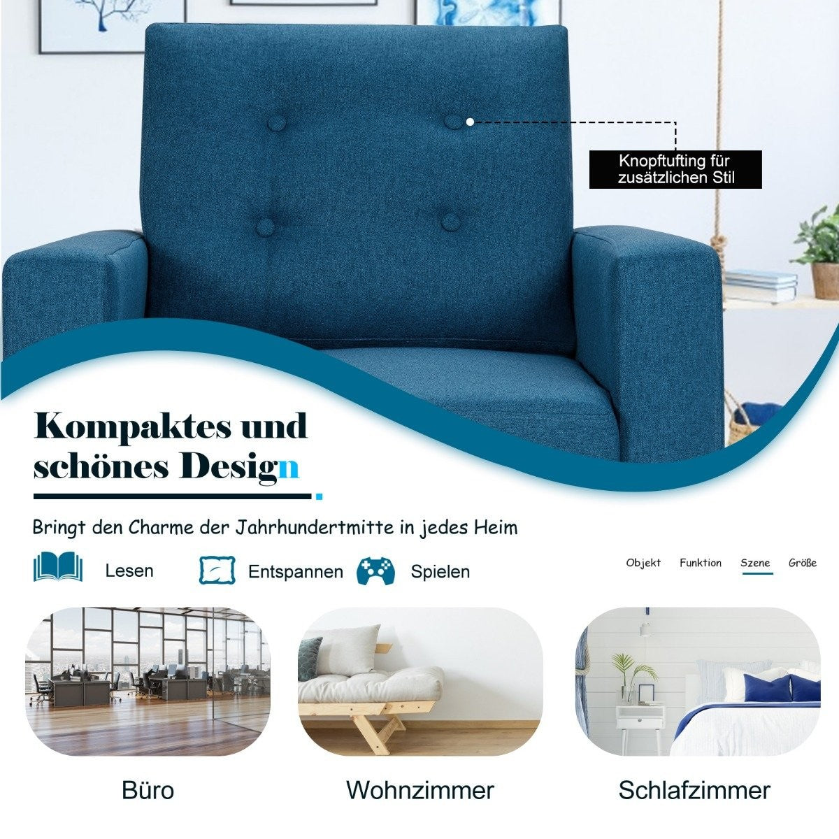 Armchair with 2 side pockets Wing chair with armrests and back cushions 75 x 81 x 86 cm Blue 53cm seat depth