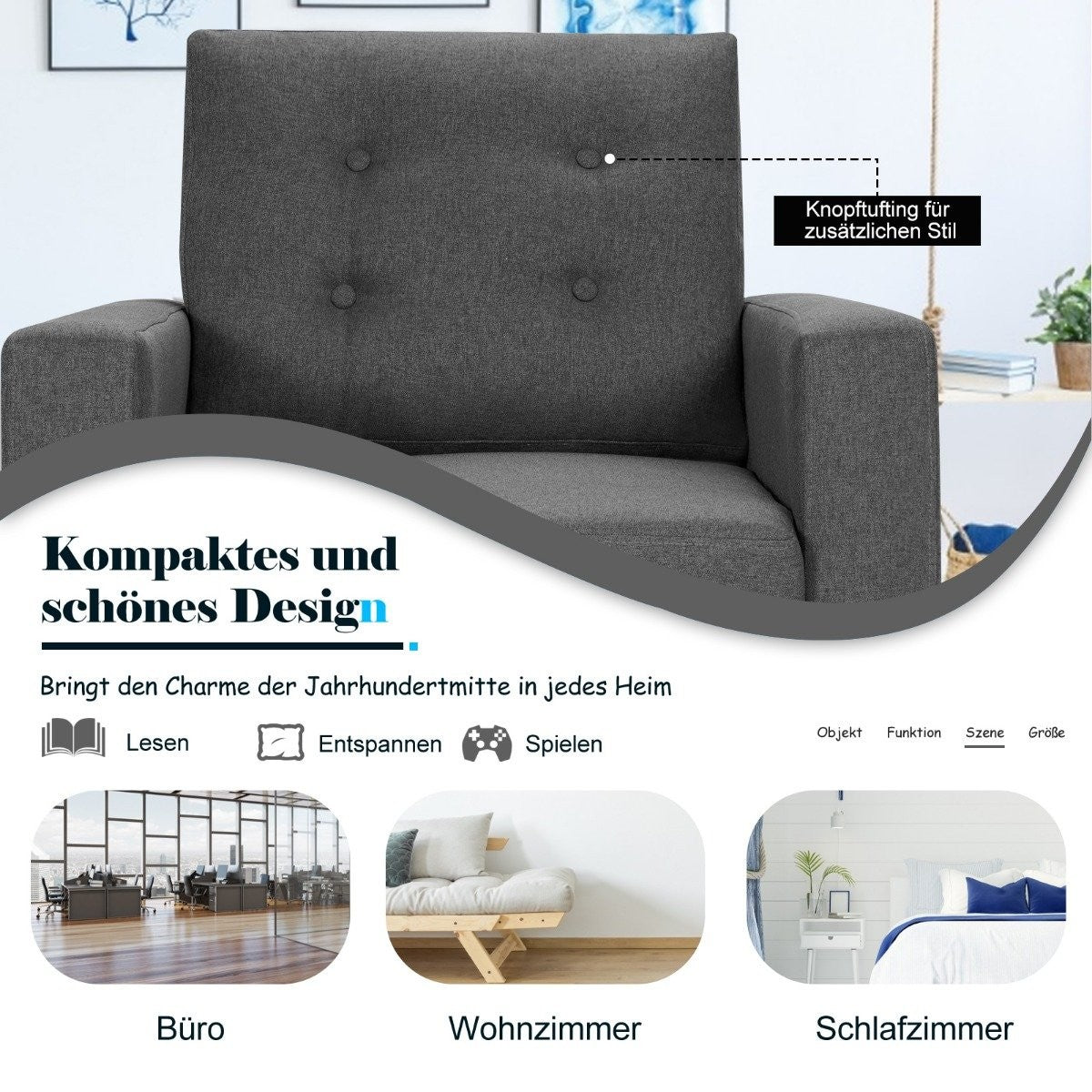 Armchair with 2 side pockets Wing chair with armrests and back cushions 75 x 81 x 86 cm Gray 53cm seat depth