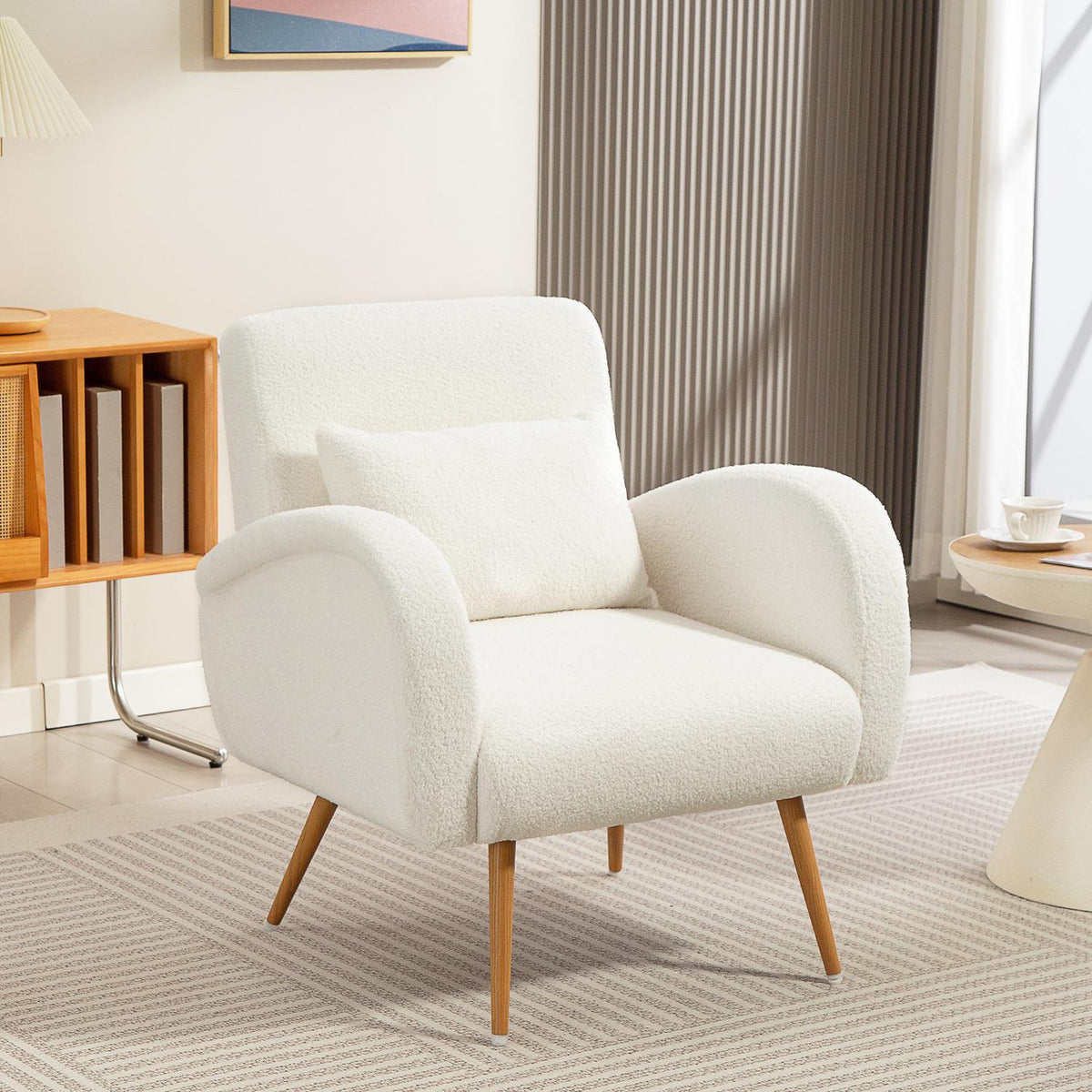 Armchair with Fleece Cover, Cushion, Metal Legs, Cream