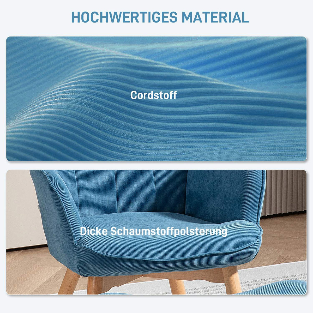 Armchair with Stool, High Back Wing Chair, Wooden Legs, Tufted Design Corduroy Look Lounge Chair for Living Room, Blue