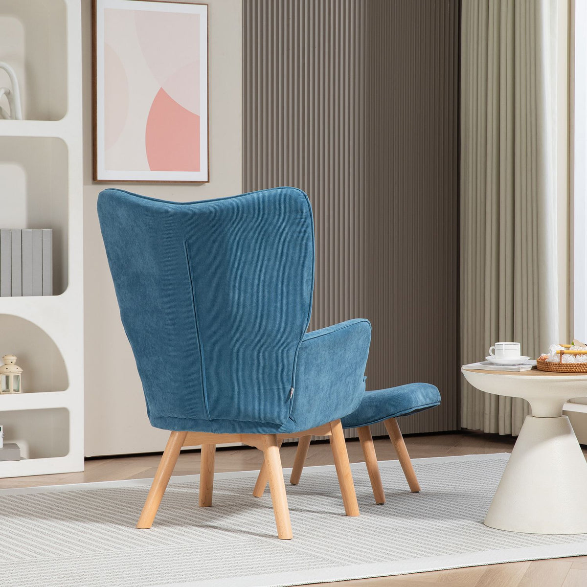 Armchair with Stool, High Back Wing Chair, Wooden Legs, Tufted Design Corduroy Look Lounge Chair for Living Room, Blue