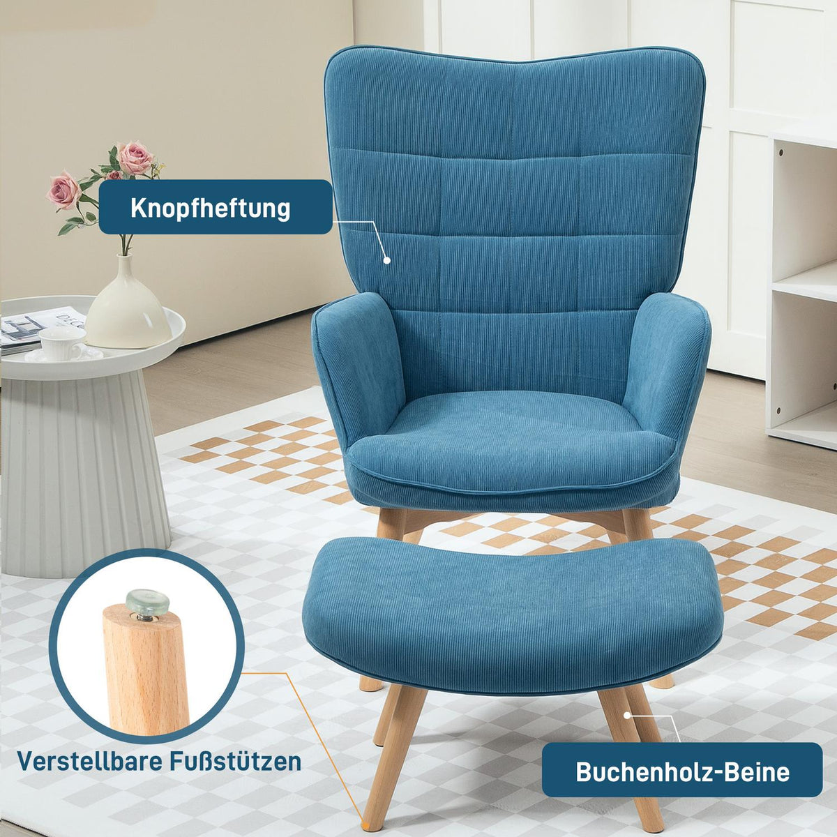 Armchair with Stool, High Back Wing Chair, Wooden Legs, Tufted Design Corduroy Look Lounge Chair for Living Room, Blue