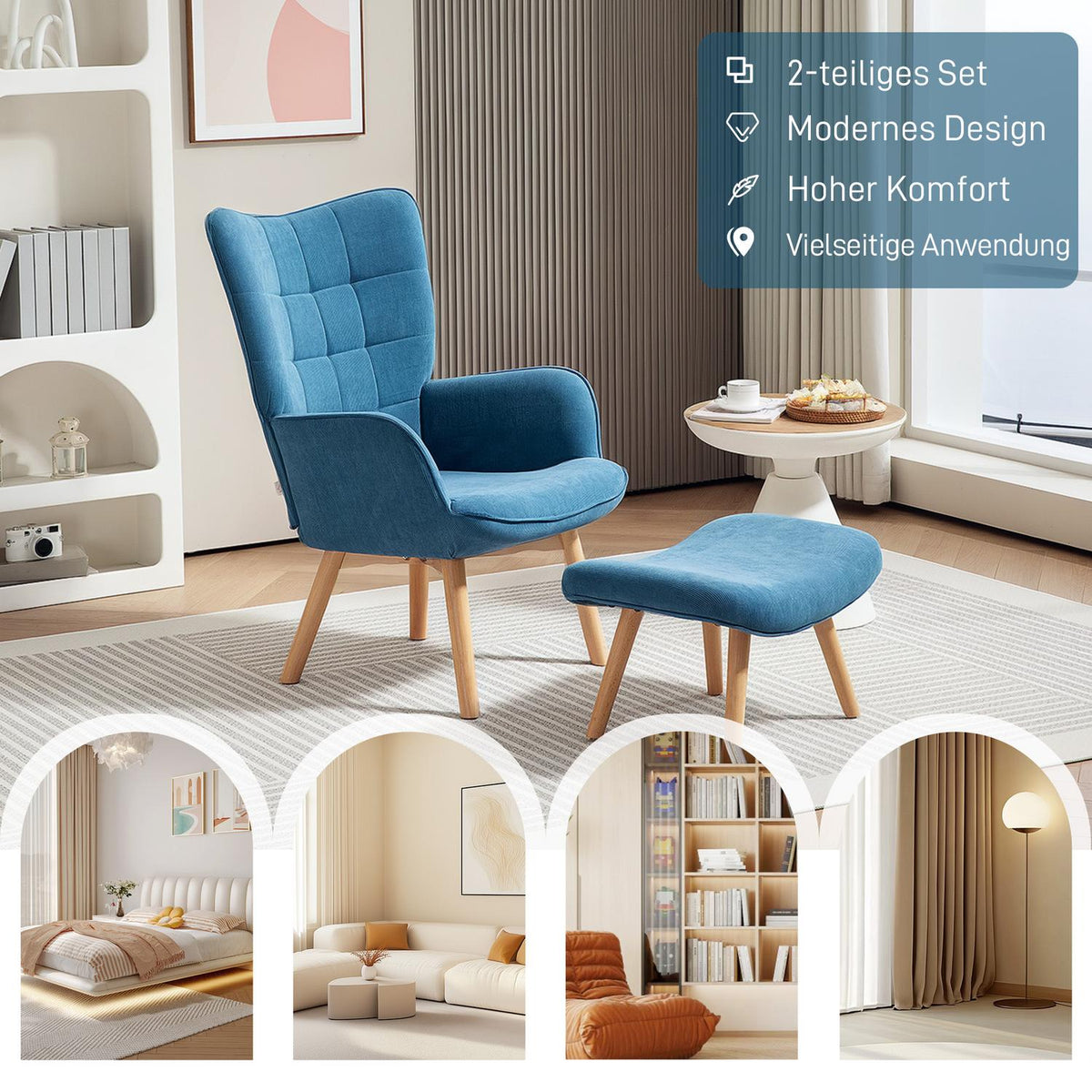 Armchair with Stool, High Back Wing Chair, Wooden Legs, Tufted Design Corduroy Look Lounge Chair for Living Room, Blue