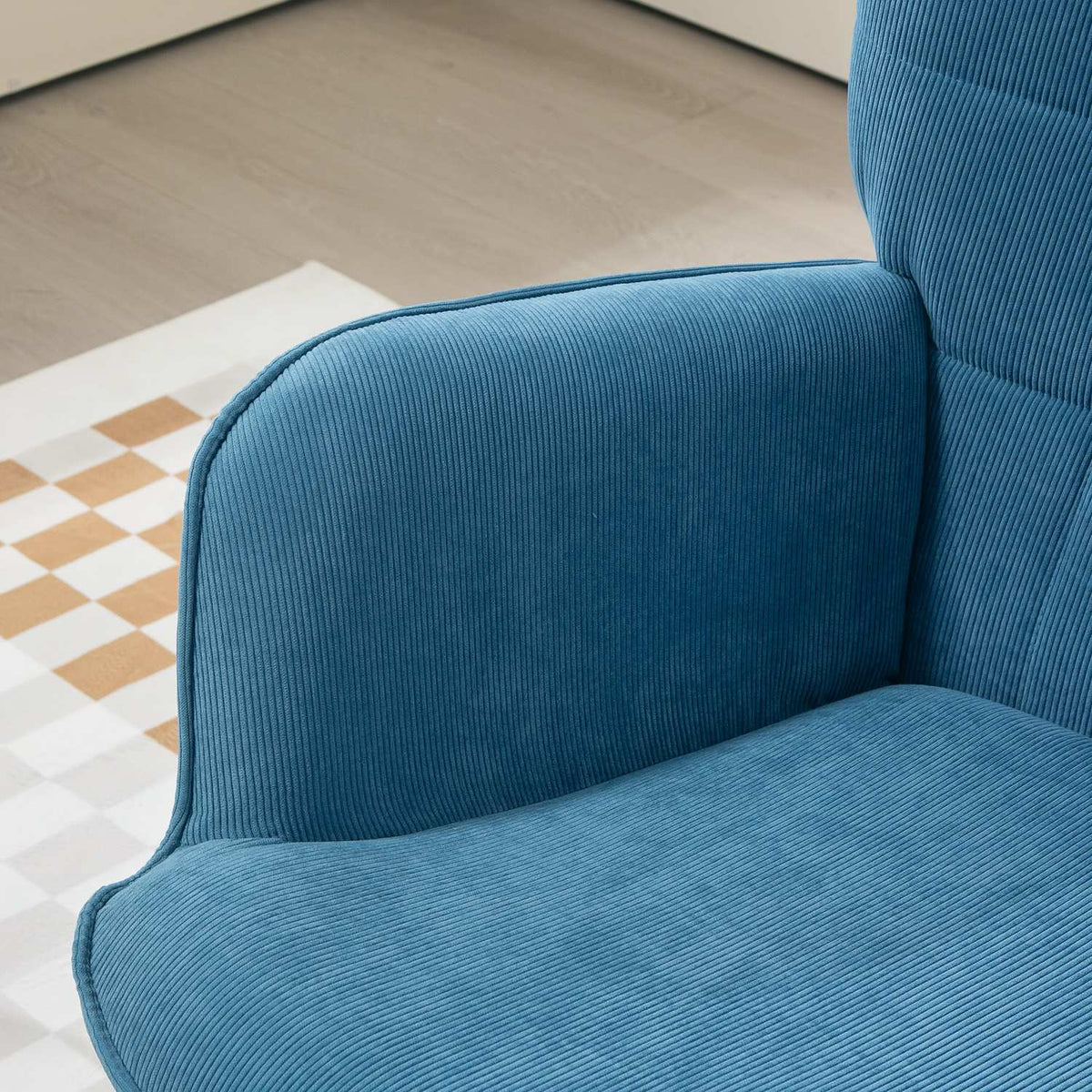 Armchair with Stool, High Back Wing Chair, Wooden Legs, Tufted Design Corduroy Look Lounge Chair for Living Room, Blue
