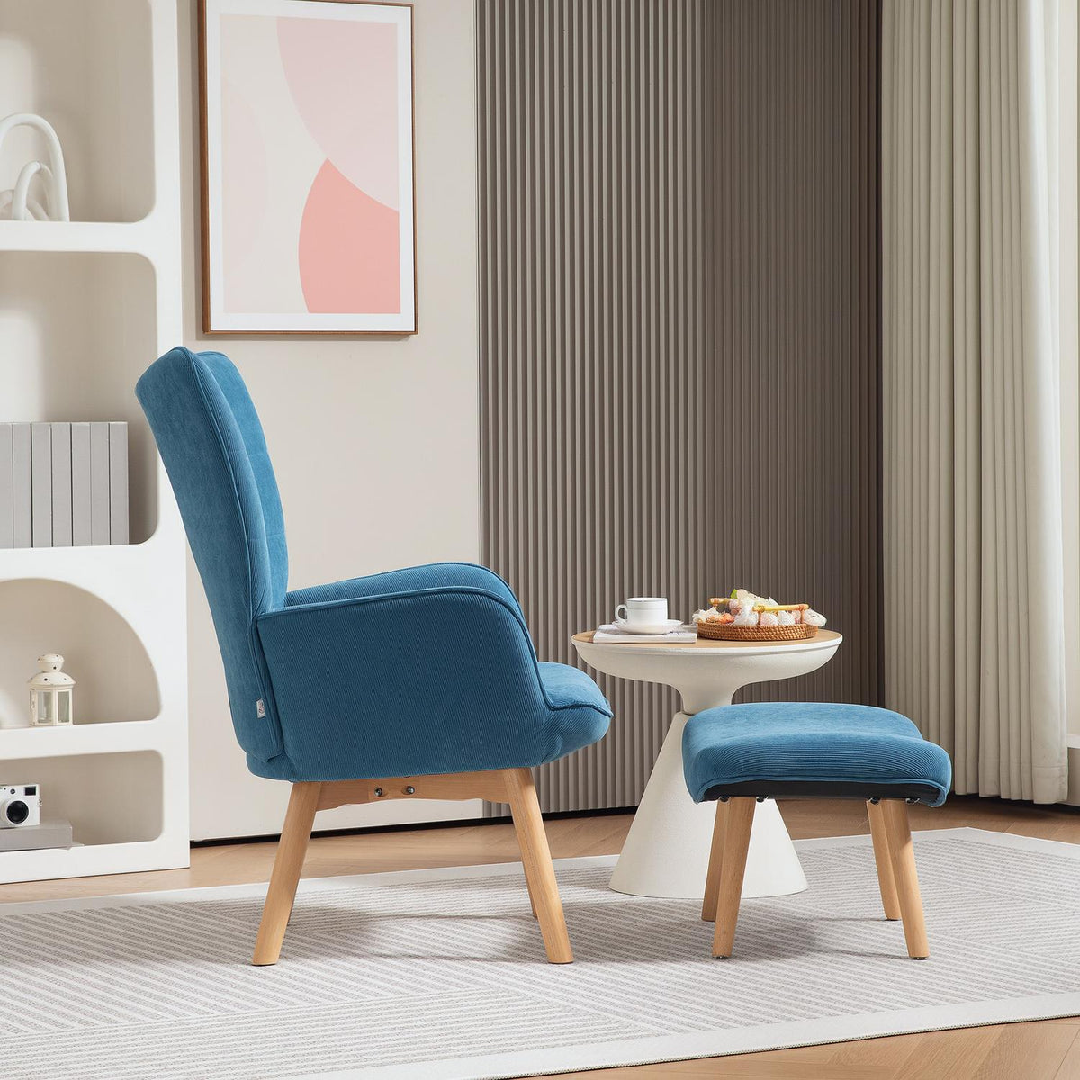 Armchair with Stool, High Back Wing Chair, Wooden Legs, Tufted Design Corduroy Look Lounge Chair for Living Room, Blue