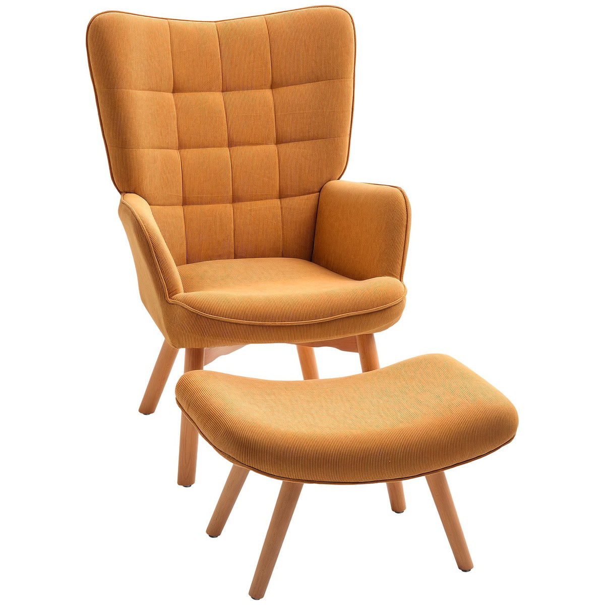 Armchair with Stool, High Back Wing Chair, Wooden Legs, Tufted Design Corduroy Look Lounge Chair for Living Room, Brown