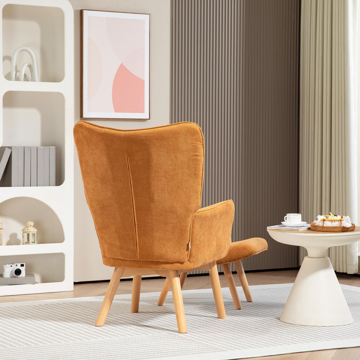 Armchair with Stool, High Back Wing Chair, Wooden Legs, Tufted Design Corduroy Look Lounge Chair for Living Room, Brown