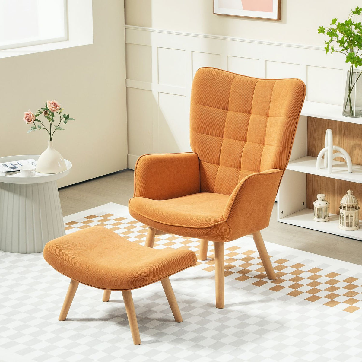 Armchair with Stool, High Back Wing Chair, Wooden Legs, Tufted Design Corduroy Look Lounge Chair for Living Room, Brown