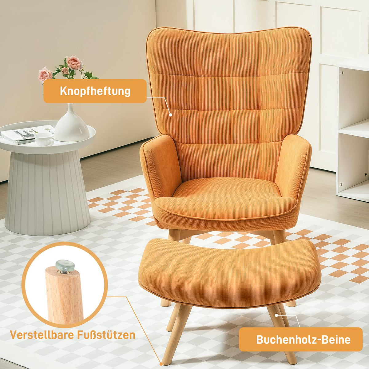 Armchair with Stool, High Back Wing Chair, Wooden Legs, Tufted Design Corduroy Look Lounge Chair for Living Room, Brown