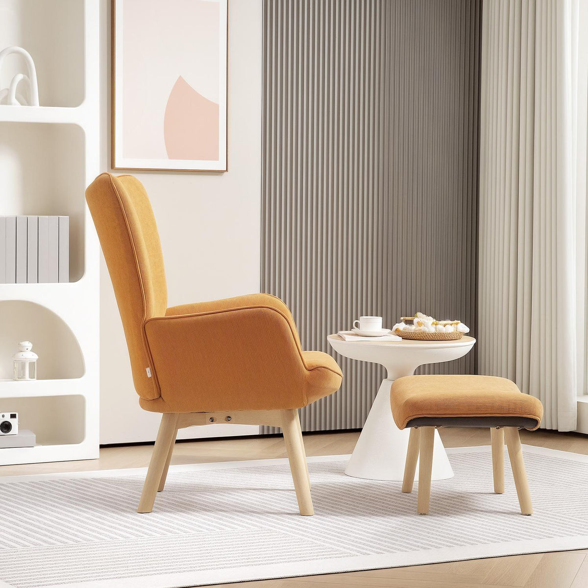 Armchair with Stool, High Back Wing Chair, Wooden Legs, Tufted Design Corduroy Look Lounge Chair for Living Room, Brown