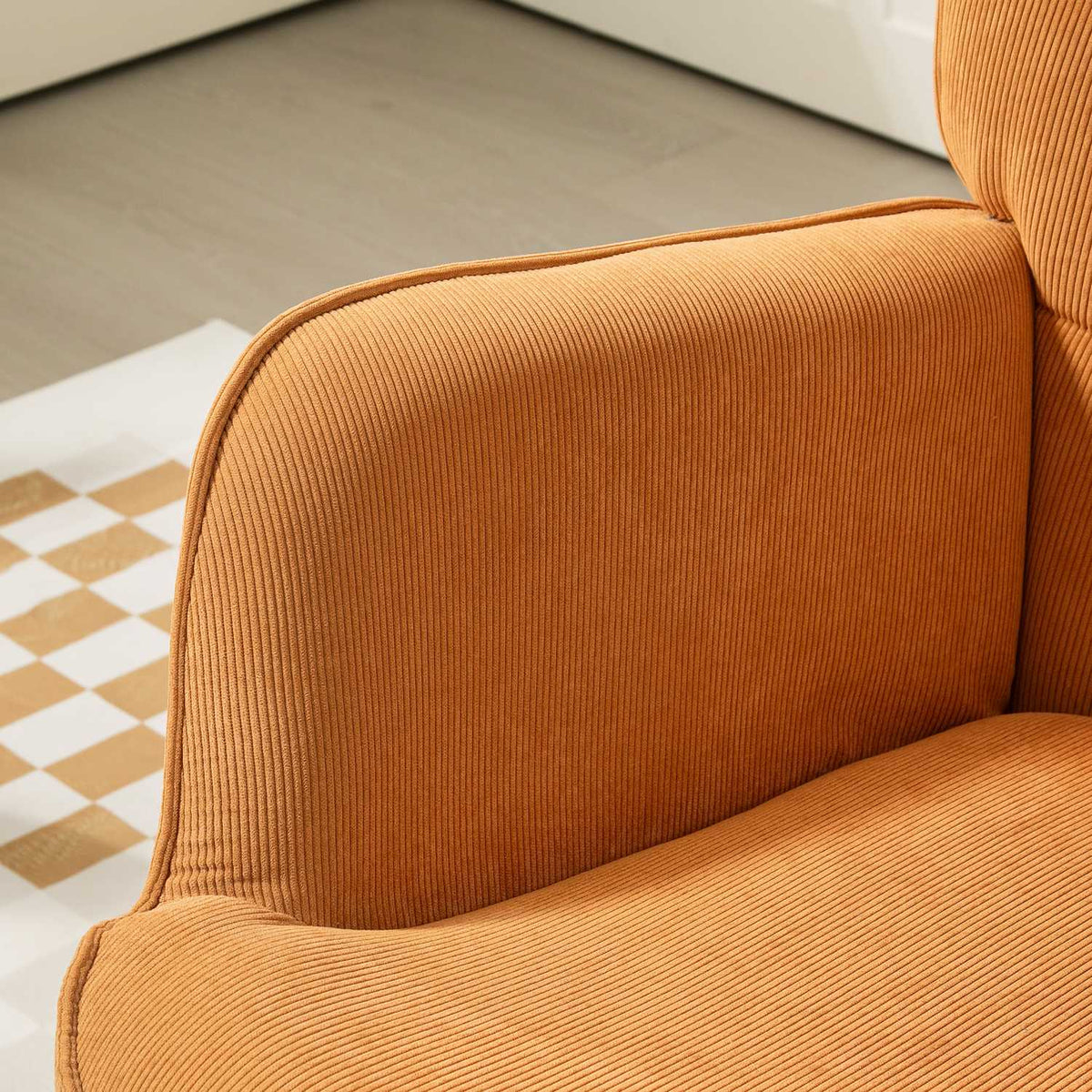 Armchair with Stool, High Back Wing Chair, Wooden Legs, Tufted Design Corduroy Look Lounge Chair for Living Room, Brown